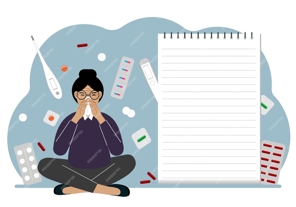 Sick woman with runny nose holds handkerchief nearby there are lot medicines pills thermometers large notebook notes